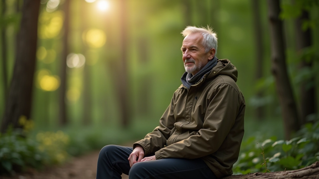 Žmogus sėdi ant medžio šakos miške, meditacinė pozicija, gamtos terapija